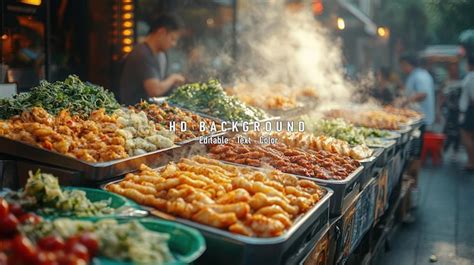 A bustling street food market with various dishes steaming in trays ...