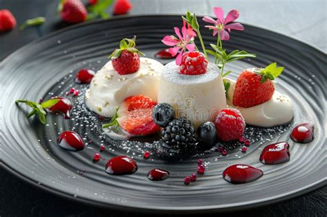 Elegant Dessert Plate with Berries and Flowers Stock Illustration ...