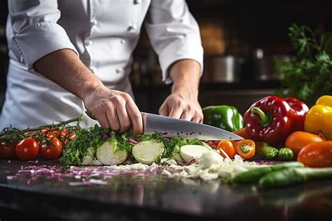 Premium Photo | A chef cutting vegetables with a knife in the kitchen