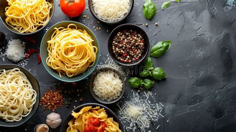 Fresh Noodles and Ingredients Arranged on a Grey Table for Culinary ...