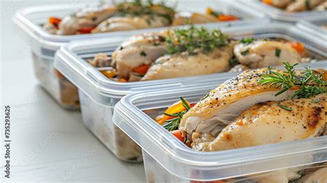 Generative AI : Meal prep. Stack of home cooked roast chicken dinners ...