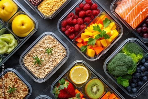 Colorful meal prep containers boast a nutritious rainbow from fresh ...