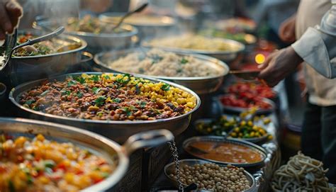 Premium Photo | Street Food Stall Serving Various Dishes A bustling ...