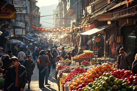 Bustling street market scene A bustling street market in a vibrant city ...