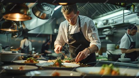 A chef plating food in a professional kitchen | Premium AI-generated image