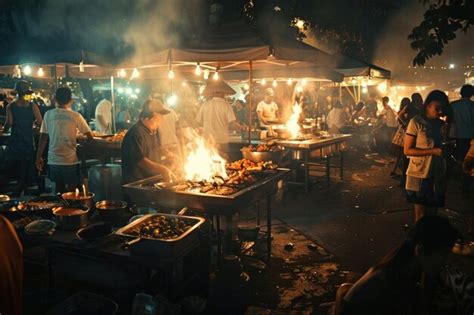 A lively street food scene at night | Premium AI-generated image