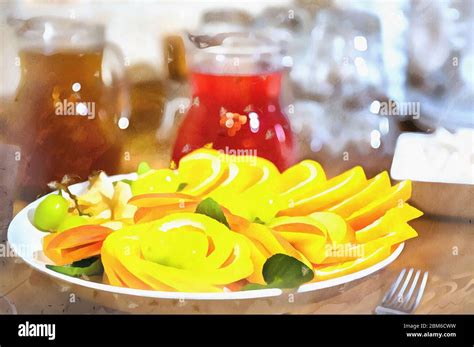 Plates with healthy food colorful painting looks like picture Stock ...