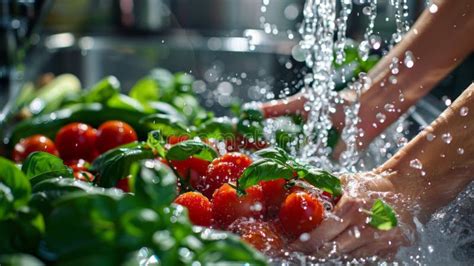 Close Up Image of Hands Washing Fresh Vegetables, Including Tomatoes ...