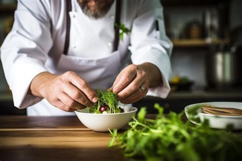 Premium Photo | A chef garnishing a gourmet dish with fresh herbs