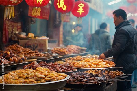 Crowded street food market showcasing varied culinary delights with ...