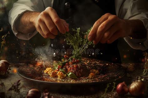Culinary Chef Garnishing a Gourmet Dish with Fresh Herbs in a ...