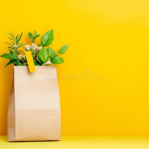 A Brown Paper Bag with Herbs on a Yellow Background. ECO Bag. Craft ...
