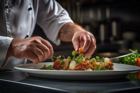 Premium Photo | Chef Garnishing Gourmet Dish in Kitchen Generative AI