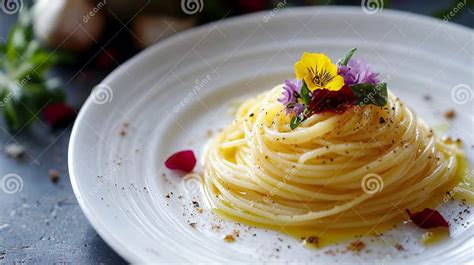 Delicate Ai-inspired Pasta Dish with Vibrant Herbs and Edible Flowers ...
