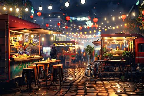 Lively City Street Food Market with Food Trucks and Stalls | Premium AI ...