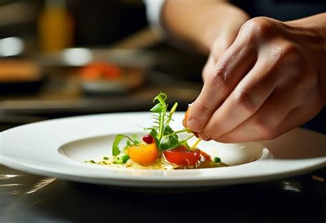 Chef hands adding finishing touches to a gourmet dish in a professional ...
