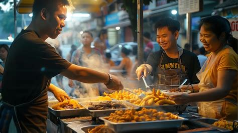A street food vendor serving food to a customer | Premium AI-generated ...