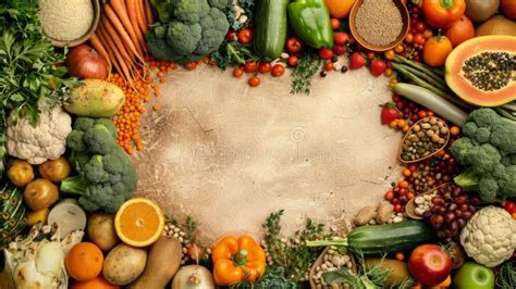 Vibrant Assortment of Fresh Vegetables and Fruits on Rustic Background ...