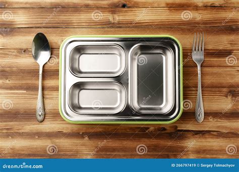 Metal Lunch Box with Compartments on Wooden Background Stock Image ...