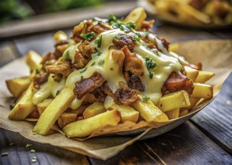 Golden Brown Crispy Fries with Melted Cheese and Bacon a Candid Street ...