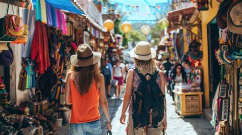 Premium Photo | Two travelers exploring a vibrant street market filled ...