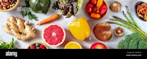 Vegan food panorama, overhead flat lay shot of various superfoods Stock ...