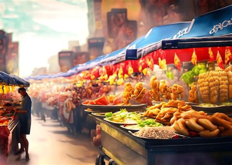 Premium AI Image | the vibrant atmosphere of a bustling street food market