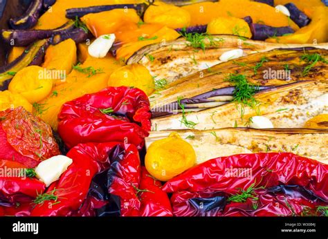 Seasonal vegetables baked on baking sheet Stock Photo - Alamy