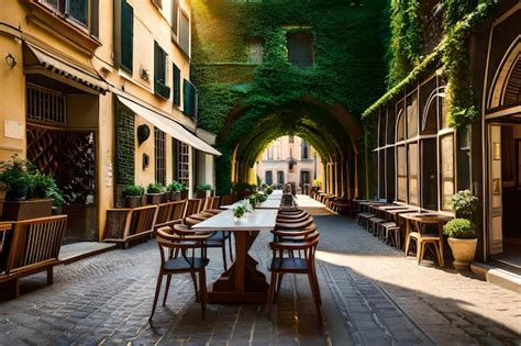 Premium Photo | A restaurant in a small alley with a green wall that ...