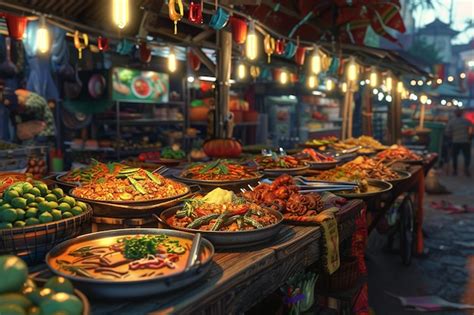 Premium Photo | Vibrant street food market with exotic dishes