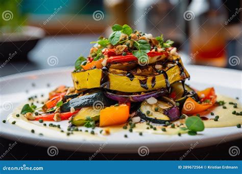 Beautifully Plated Vegan Dish, Vibrant Colors and Textures Stock ...