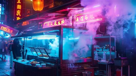 Neonlit Street Food Stall in a Vibrant Asian City | Premium AI ...