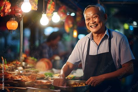 Local man stands behind his street food stall and smiles. Male street ...