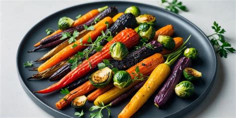 Colorful Roasted Vegetables with Fresh Herbs on a Dark Plate. Stock ...