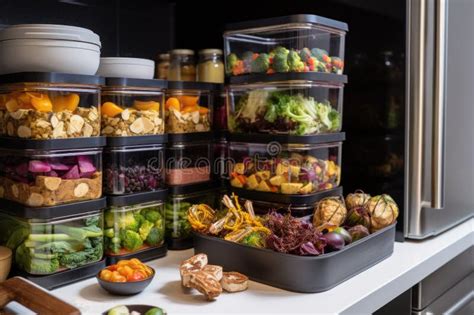 Stacking Meal Prep Containers with a Variety of Dishes in Fridge Stock ...