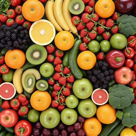 Fresh And Colorful Fruits Vegetables Arranged Together Background ...