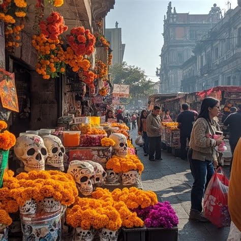 Free Vibrant Market Scene Image - Market, Skulls, Marigolds | Download ...