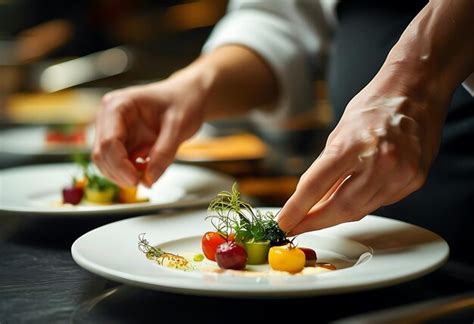 Chef hands adding finishing touches to a gourmet dish in a professional ...