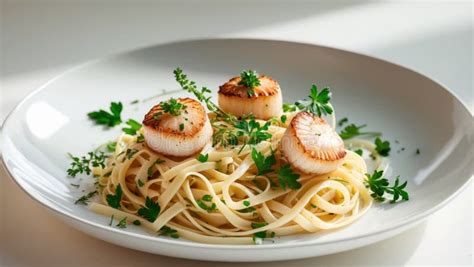 Delicious Linguine with Seared Scallops Garnished with Fresh Herbs for ...