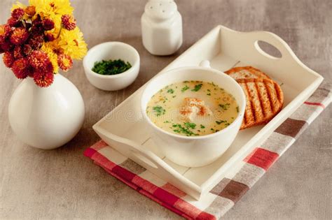 Vegetables Creamy Soup with Croutons Stock Photo - Image of supper ...