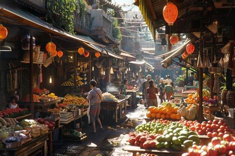Premium Photo | A bustling street food market with vendors selling
