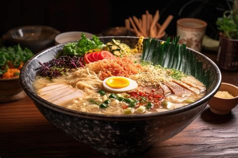 Premium AI Image | A bowl of steaming hot ramen with a variety of ...