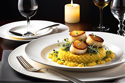 Gourmet Dinner Plated Elegantly on a White Porcelain Dish: Seared ...