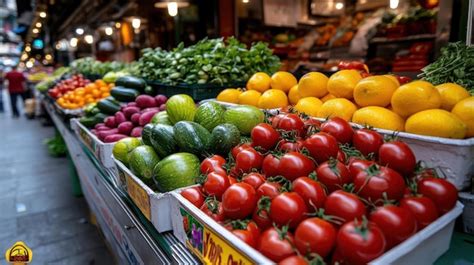 Vibrant bustling market with colorful produce and bustling crowd market ...