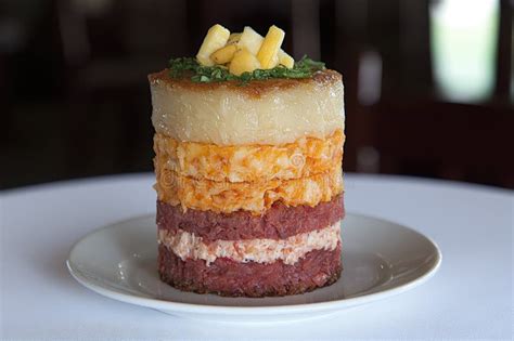 Layered Vegetable and Meat Dish on White Plate Stock Illustration ...