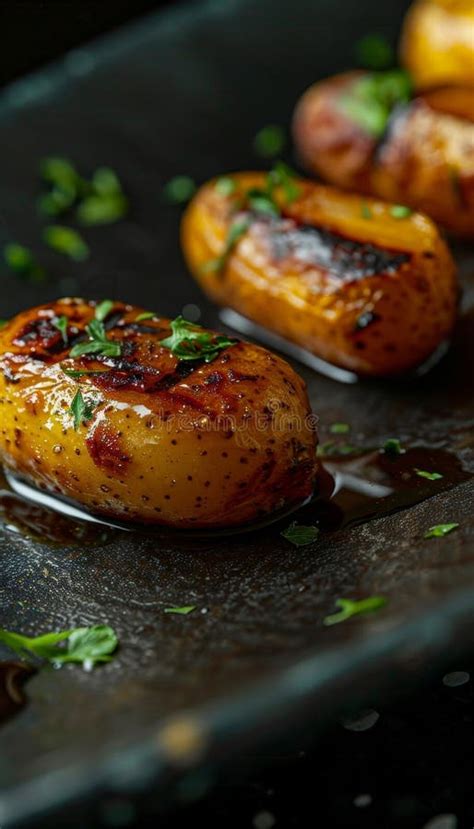 Artfully Plated Dish Featuring Three Golden Roasted Potatoes Showcasing ...