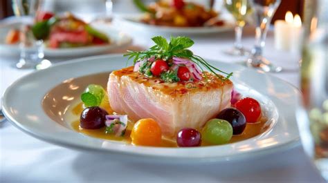 Gourmet Dish with Glazed Fish, Fresh Vegetables, and Herb Garnish on ...