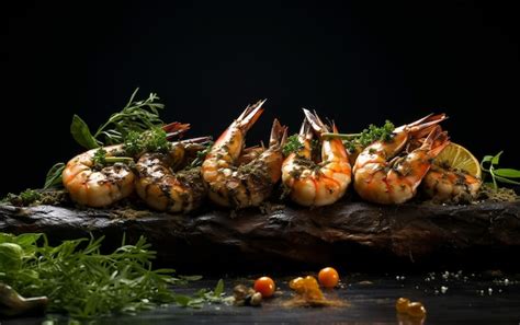 Premium AI Image | Fresh Herb Garnish on a Row of Prawns Generative AI