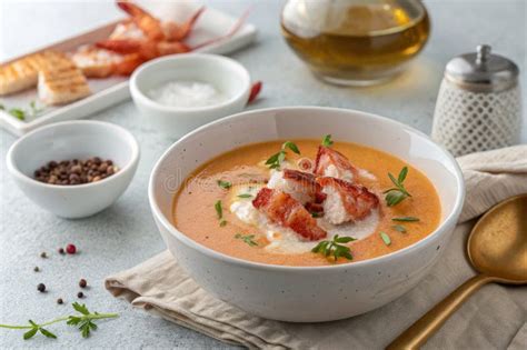 Enjoying a Rich Lobster Bisque with Chunks of Meat and Garnish in a ...