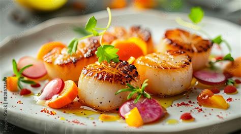 Elegant gourmet cuisine dish featuring seared scallops with vibrant ...